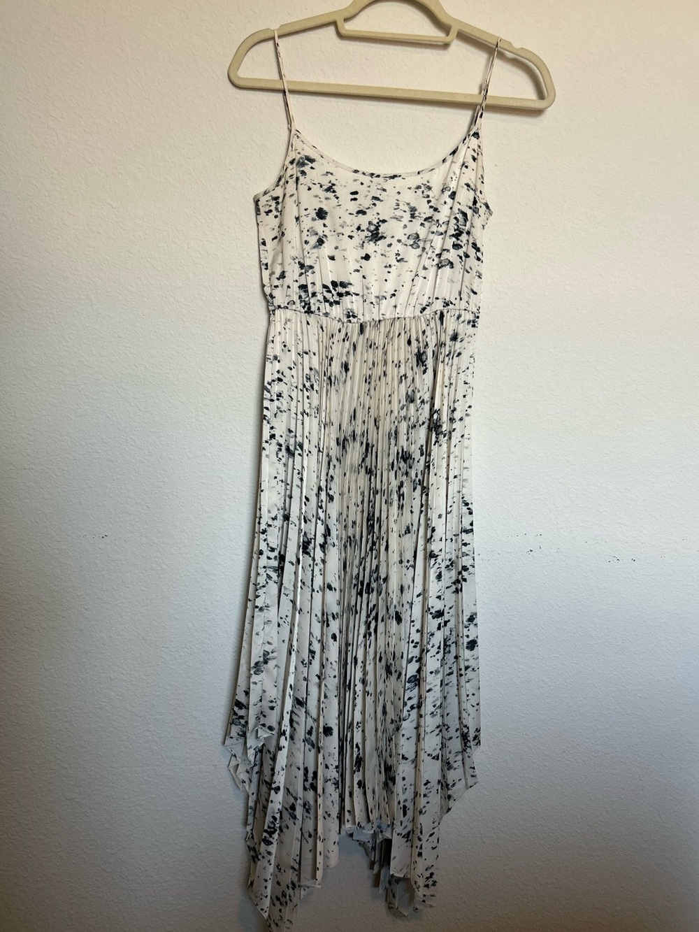 AllSaints Lorna Yermo White and Black Splatter Asymmetrical Pleated Dress